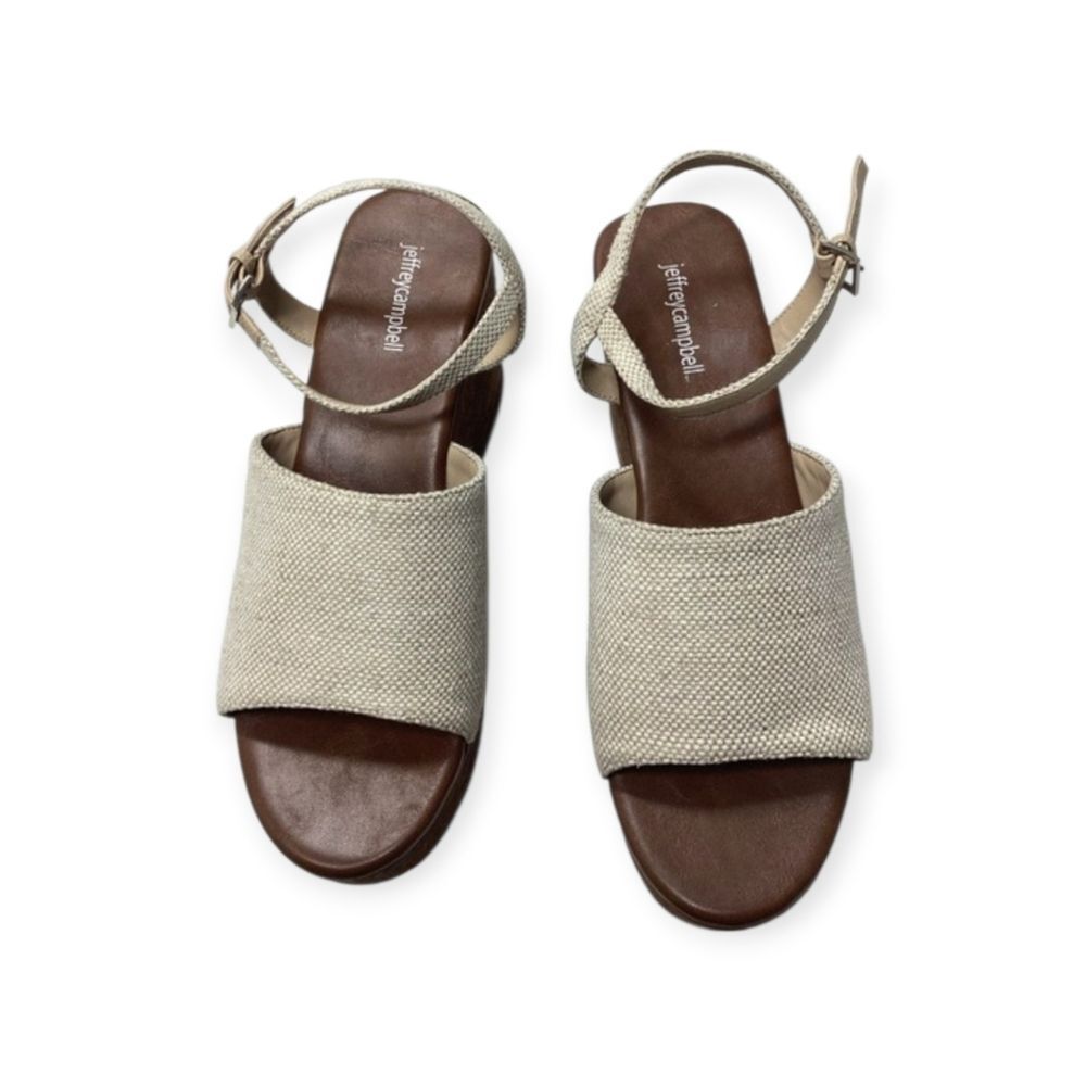 Jeffrey Campbell On Deck Platform Sandal Natural Beige Canvas Wood Wedge Size 10